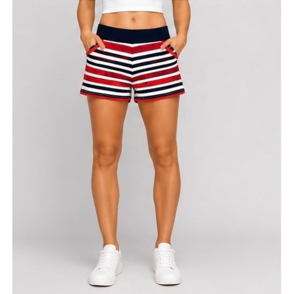 Addison Bay Women Red‎ White Navy Blue Striped Cotton French Terry Shorts XS NWT